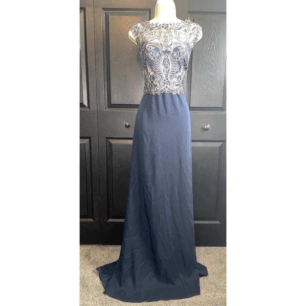 Tadashi Shoji Navy Gold Lace Mother of Bride Evening Gown Formal Dress Size 12
